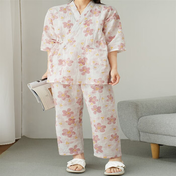 洁丽雅grace日系清新女士纯棉纱布和服家居套装浴袍睡衣睡裤晨袍起居