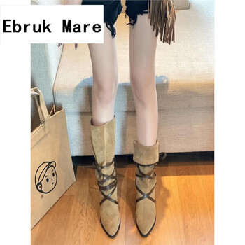 森馬时尚森马集团马丁靴女潮流新款西部中筒牛仔靴舒适百搭增高靴子 升级版棕色5CM 39