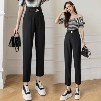 pratolee高腰休闲裤女垂感哈伦裤女九分裤女宽松显瘦小脚休闲女裤黑色