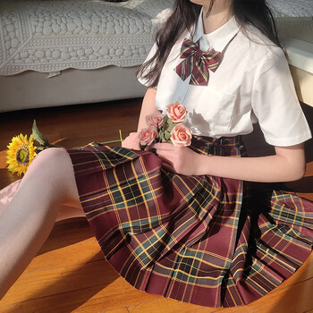 【不死川】JK制服2022夏季新款冰吉羽jk格裙百褶裙女学生日系校服短裙格子裙半身裙学院风少女套装 山楂树(衬衫+半身裙+蝴蝶 XS（下单请备注长袖或短袖）