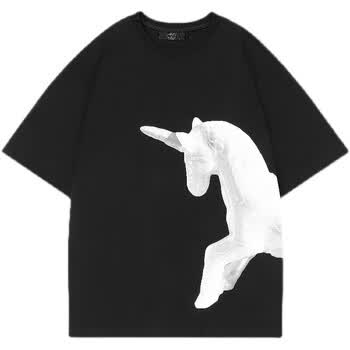 桑德斯duamin国潮logo独角兽印花短袖情侣街头ins休闲半袖t恤男女上衣