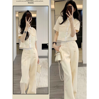 裂帛·风潮流时尚休闲服套装夏季短款纯色翻领纽扣开衫上衣两套装女装