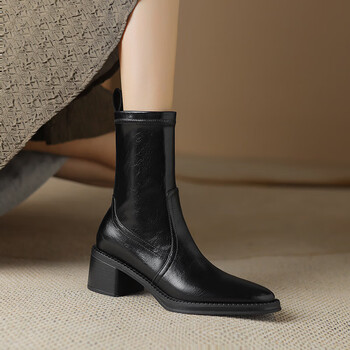 皇属vaahsuxm高跟短靴女2023年新款侧拉链尖头弹力显瘦靴棕色马丁靴女