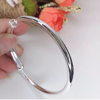 老风祥光面银手镯女生推拉款经典亮面999实心镯子素圈足银礼物 20克