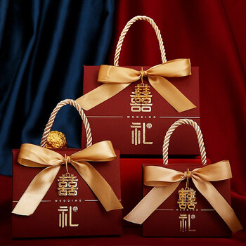 誉品丰茂22春节元旦情人节五一5新款ins手提式结婚喜糖盒子婚礼糖果盒喜糖袋伴手礼回礼空盒手提酒红喜礼 金缎带 喜牌 10个装