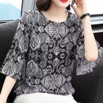 隽赫新款中年女士装夏装小衫t恤遮肚短袖洋气上衣花色m建议100斤内