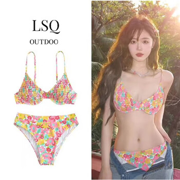 安与·洛施琪新款碎花小清新纯欲彩色印花褶皱比基尼钢托小胸聚拢分体ins度假 印花 S (建议仙女80斤-95斤送纱裙)