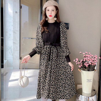 【高品质】【品牌特价】法式碎花灯芯绒针织碎花连衣裙子女装秋冬装年新款打底冬裙女 白色 S