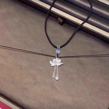 老凤祥999足银莲花项链两世欢好运连连吊坠流苏锁骨链送女友 黑色