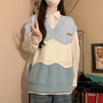 套装拼色马甲 白色衬衫 s