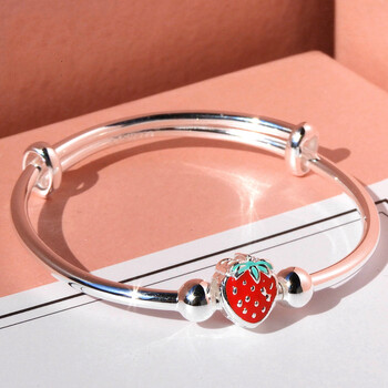 翡宇儿童银手镯女足小孩卡通银镯子童学生手环生日礼物草莓中童款414