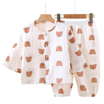 妙翡儿童薄款双层棉纱布睡衣 夏季女童家居服 男宝宝长袖灯笼裤套装 纱布-熊头 110cm