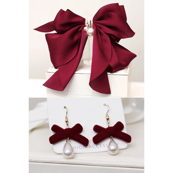 新娘结婚头饰顶夹娟纱发饰优雅珍珠复古酒红色蝴蝶结敬酒礼服配饰 1