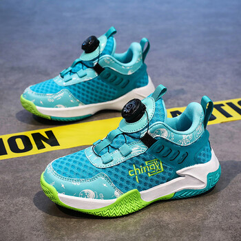 七波辉男童鞋运动鞋春季新款儿童篮球鞋旋转纽扣男孩中大童跑鞋 白蓝