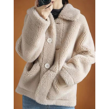 班虑价捡漏羊羔毛外套女秋冬羊剪绒复合皮毛一体短款宽松颗粒羊羔杏色