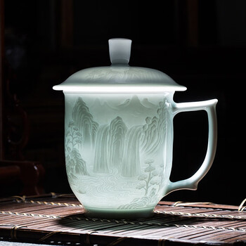 守勤堂景德镇陶瓷办公室茶杯茶水分离青瓷老板杯带盖喝茶杯滤茶杯子