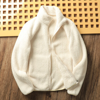 优衣库日单u家试衣间秋冬男士保暖珊瑚绒立领休闲摇粒绒夹克外套白色s