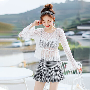 蕾丝微透罩衫泳衣女学生小格子保守温泉泳装夏季遮肉显瘦游泳衣白色l