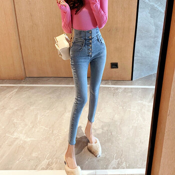 浅色超高腰心机牛仔裤女2022年春季修身百搭弹力紧身九分小脚裤女超