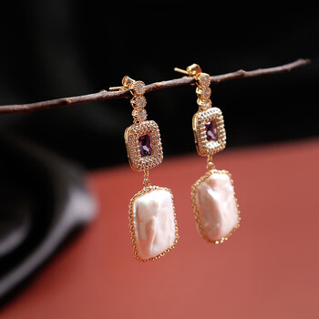 ghek珍珠时尚几何图形锆石微镶紫色水晶款女人味耳钉耳环