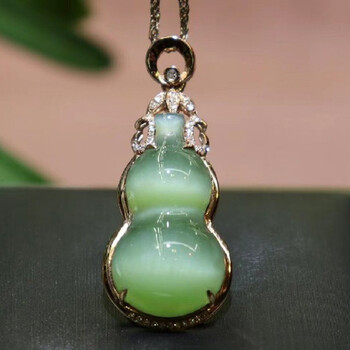 慈心缘和田玉碧玉猫眼葫芦吊坠18k金镶钻男女玉坠项链挂件玉牌玉石送