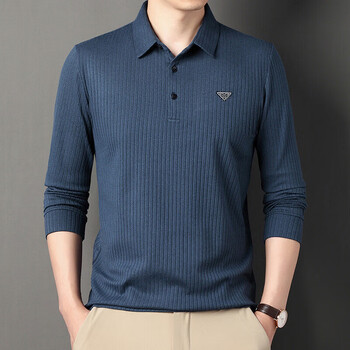 汤米希凯利春季新品男士长袖t恤百搭poloi衫纯色日常商务时尚翻蓝色