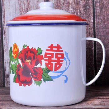 搪瓷杯怀旧经典带盖大容量泡面碗创意大号马克杯学生宿舍喜字杯图案
