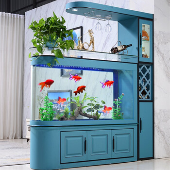 隔断鱼缸下排水轻奢客厅隔断酒柜鱼缸冰川蓝侧滤一键排水120x40x200