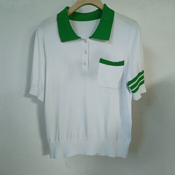 揽麦衬衫领针织衫女套头条纹毛衫小狗提花小众设计感夏款t恤上衣白色l