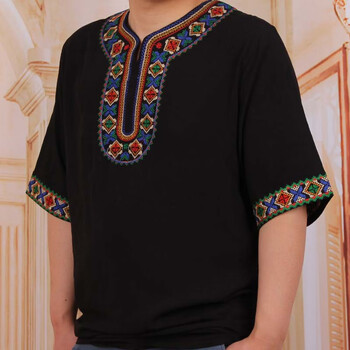 彝族服装男大凉山装云南服饰短袖士恤传统民族楚雄四川上衣服夏 黑色