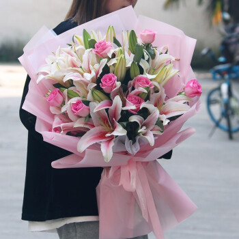 馨仪 鲜花速递百合玫瑰花束探望生日礼物送女友长辈同城配送 19朵粉百合+11朵粉玫瑰花束