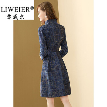 黎威尔品牌女装半高领连衣裙女2021年秋季新款高端蓝色A字裙高腰七分袖裙子 蓝色 165/88A/L