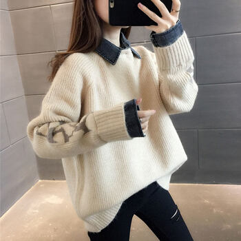 陇水东流高中学生初中女生羊毛衫假两件毛衣女秋冬外穿年宽松韩版洋气