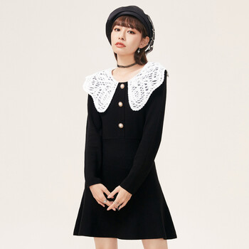 A21女装翻领长袖伞形短连衣裙 黑色 M