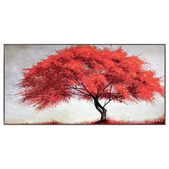 轻奢高端现代简约北欧纯手绘油画横版发才树装饰画大幅客厅红色挂画