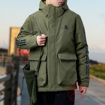 阿迪达斯（adidas）棉服男冬季新款运动休闲棉外套三条纹连帽防风保暖棉夹克 GT1691/墨绿/三条纹 M 175/96A