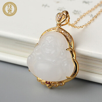 【珪宝玉佛】珪宝18k金镶和田玉弥勒佛吊坠女款玉坠佛公玉佩玉石挂件