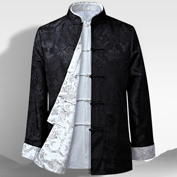 梨园榜双面穿唐装男长袖汉服男装外套中老年男装中国风爸爸装 黑配白-(双面穿) XL-(体重160斤内)