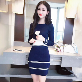 【女装新款】秋冬新款针织连衣裙2021女装条纹中长款收腰显瘦包臀毛衣打底裙女 红色 L【100一120】斤