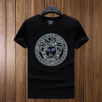 烫钻短袖t恤男 精神小伙修身半袖圆领大码潮牌体恤 白钻双边人头-黑色