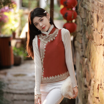 贝普蒂中式旗袍马甲背心坎肩加绒保暖冬季毛领旗袍无袖上衣加厚女装