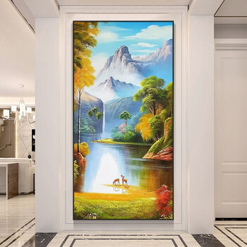 墨派手绘油画玄关装饰画竖版纯手工定制流水生财山水画现代简约客厅