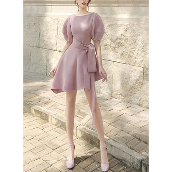 原创设计师女装女巫和骑士春装茱萸粉淡雅气质立体剪裁设计感连衣裙收腰裙子 粉色 S