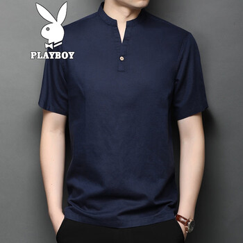 花花公子playboy中国风棉麻v领短袖t恤男修身潮流纯色复古潮牌帅气