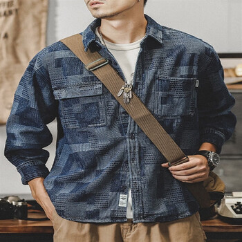 理微牛仔衬衫男宽松长袖衬衣男士休闲工装外套男生春秋款潮牌复古上衣
