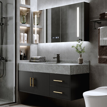 优纶轻奢岩板浴室柜组合套装卫生间现代洗手洗脸盆岩石一体洗漱台镜柜