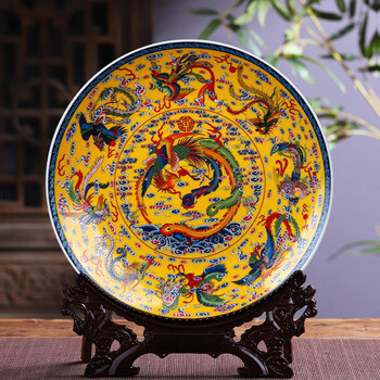 陶瓷器龙凤图挂盘装饰盘子 现代中式客厅装饰摆件 金色九凤图挂盘