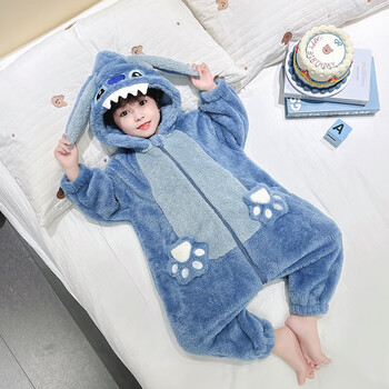 恐龙睡衣连体儿童法兰绒秋冬季婴儿男童加厚女宝宝睡袋秋款家居服蓝色