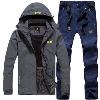 冲锋衣套装男春秋四季户外登山服薄款士裤风衣 灰衣 迷彩蓝裤 l/170