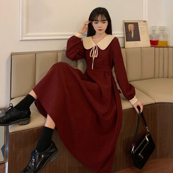 【保暖显瘦】【女装新款】秋季灯芯绒复古娃娃领蝴蝶结裙子2021年新款韩版腰带文艺连衣裙女【有运费险】 酒红色 L